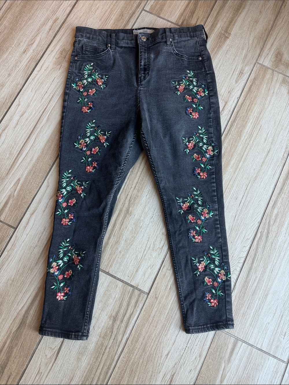 Topshop Moto Jamie W34 L30 Black Floral Embroidered High Rise Skinny Jeans